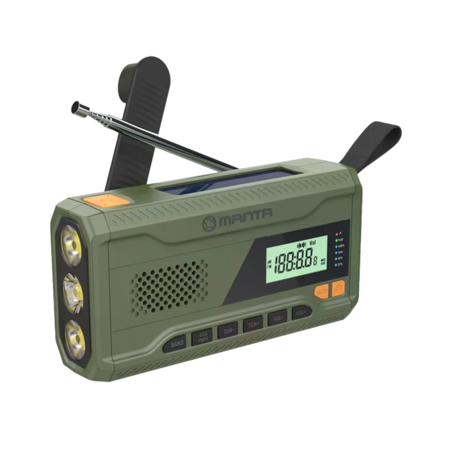 Manta - Portable Emergency crank FM Radio, Solar Power Bank, Flashlight