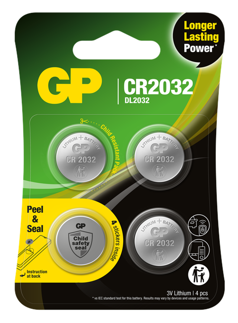 GP - Lithium Cell Battery CR2032, 3V, Safety Seal, 4-pack