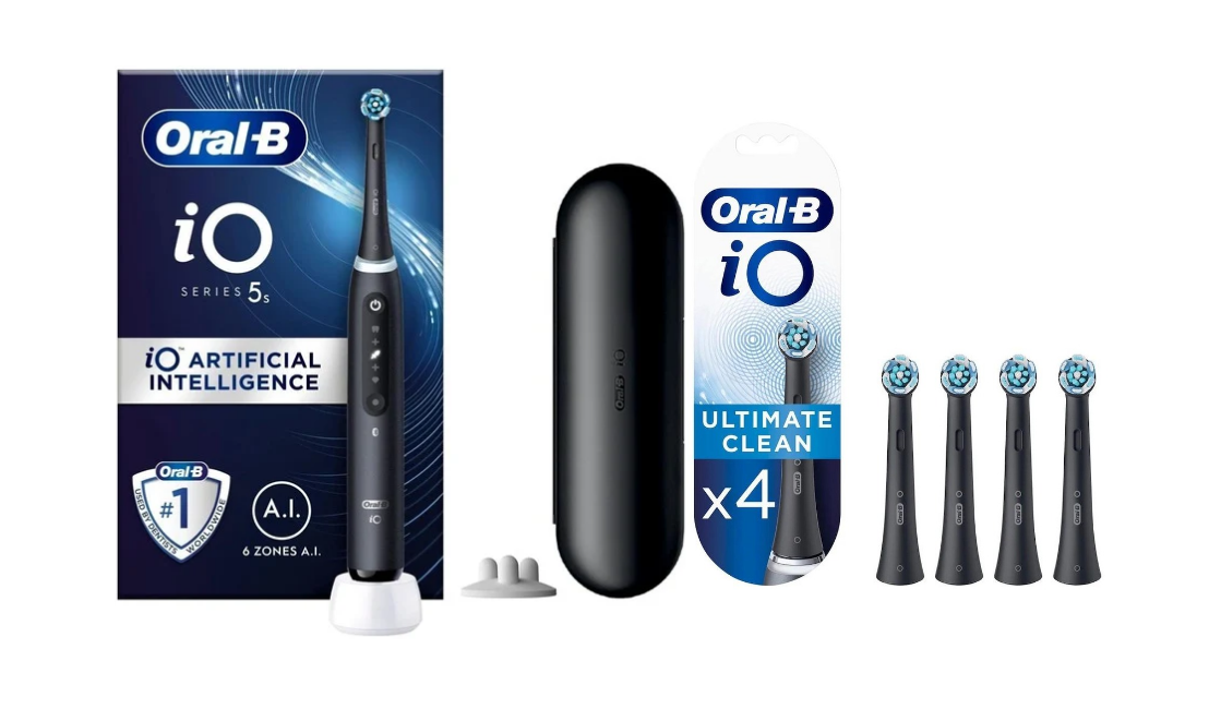 Oral-B - iO5s Matt Black Electric Toothbrush + iO Ultimate Clean Black Replacement Heads 4ct (Bundle)