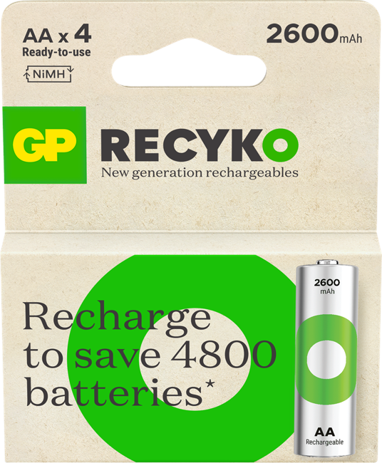 GP ReCyko - Wiederaufladbare AA-Batterien, 2600 mAh, 4er-Pack