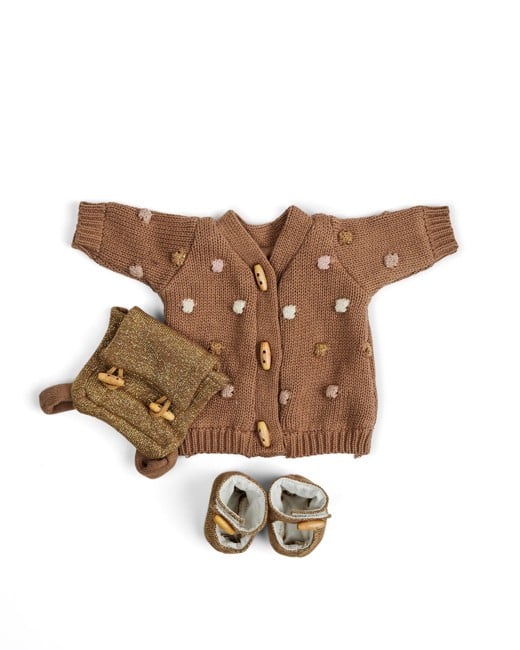 Smallstuff - Doll clothing, knitted long dot cardigan, shoes and backpack - (40010-47)