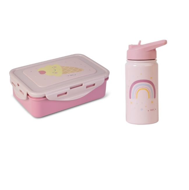 SARO Baby - Thermos Bottle with Straw 350 ml & Lunch Box - Pink