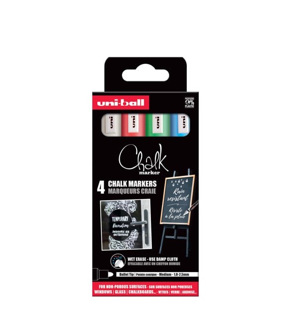 Uni - Chalk Marker PWE-5M, set of 4 markers - blue, green, red & white (401577)