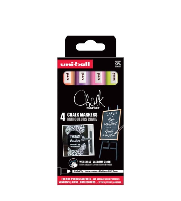 Uni - Chalk Marker PWE-5M, set of 4 markers - orange, pink, lilac & yellow (401578)