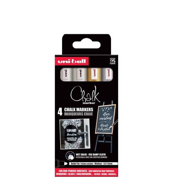 Uni - Chalk Marker PWE-5M, set of 4 markers - gold, silver & 2 x white (401579)