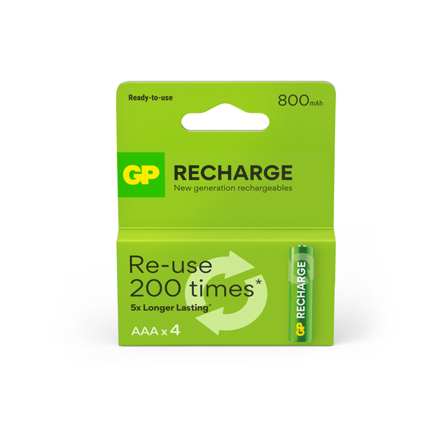 GP - Recharge Rechargeable Battery, Size AAA, 800 mAh, 4-pack