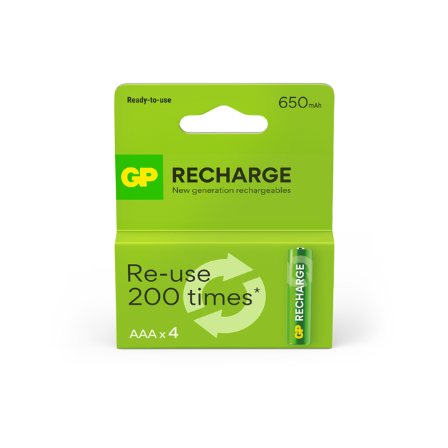 GP - Recharge Rechargeable Battery, Size AAA, 650 mAh, 4-pack