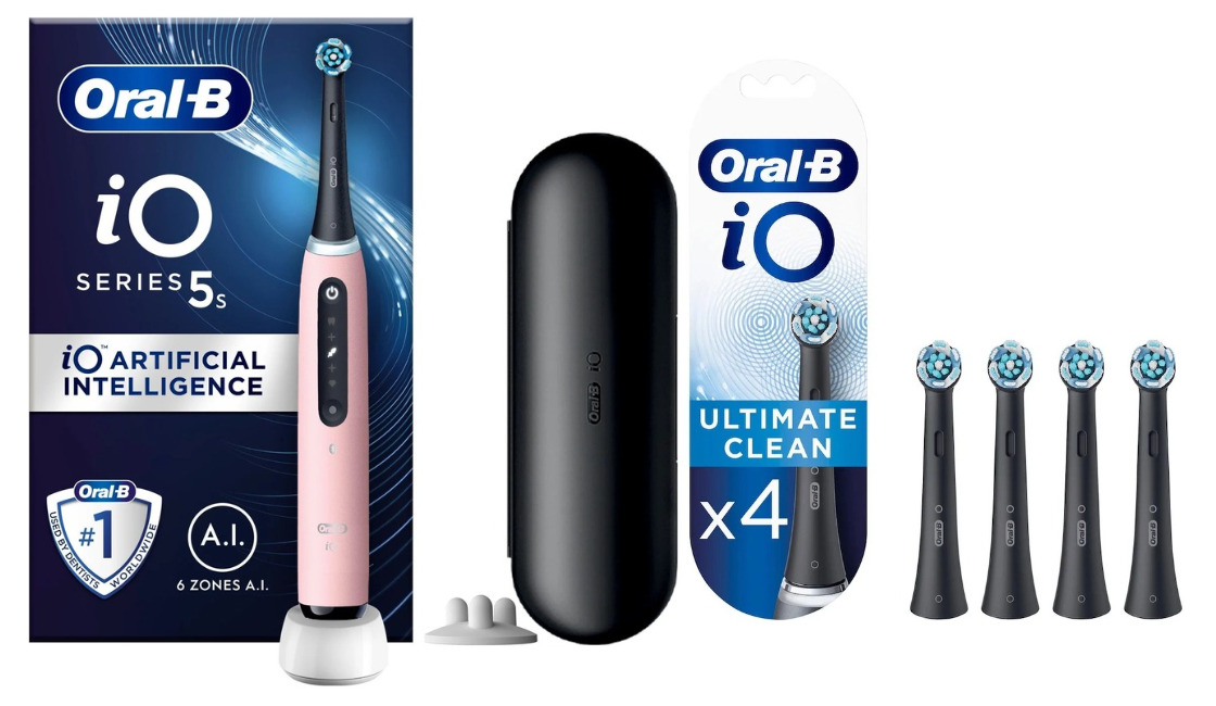 Oral-B - iO5s Blush Pink Electric Toothbrush & iO Ultimate Clean Black Replacement Heads 4ct (Bundle)