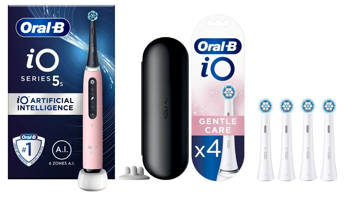 Oral-B - iO5s Pink Elektrisk Tandbørste & iO Gentle Care Udskiftningshoveder 4 styk (Bundle)