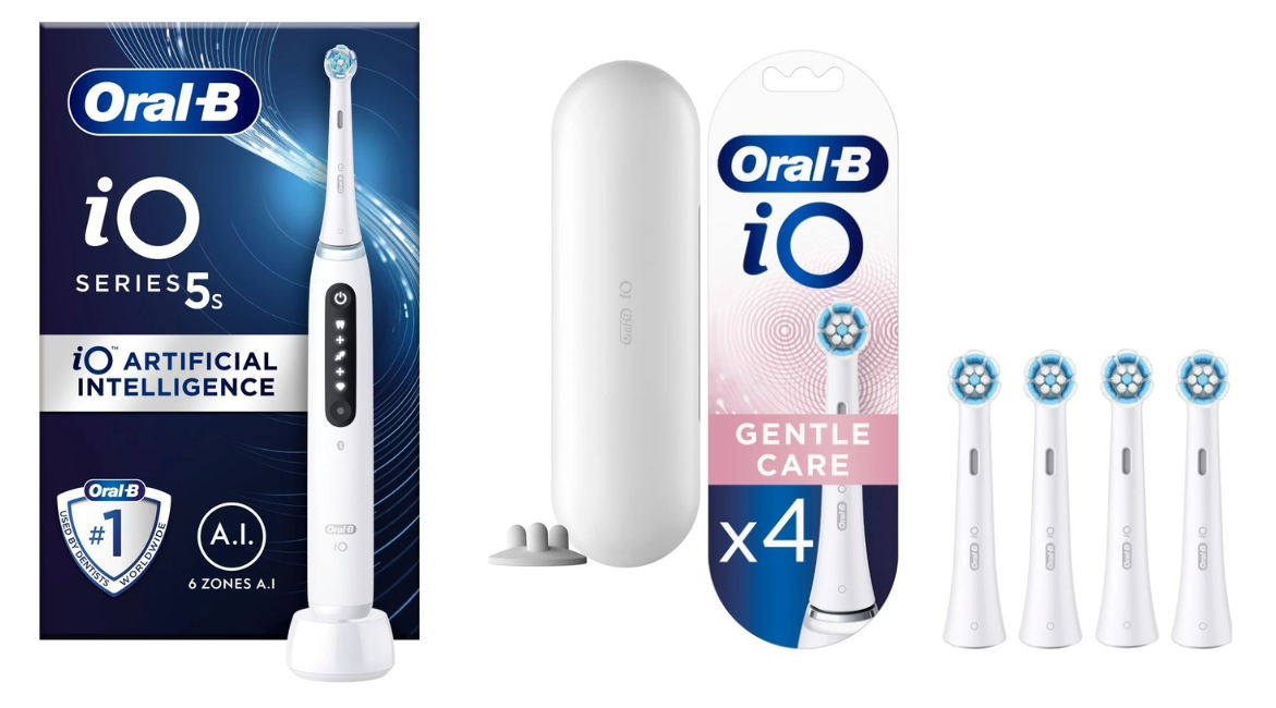 Oral-B - iO5s Hvid Elektrisk Tandbørste & iO Gentle Care Udskiftningshoveder 4 styk (Bundle)