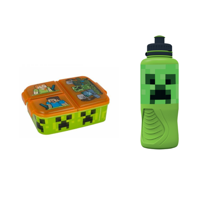 Stor - Multi Compartment Sandwich Box + Sports Water Bottle  - Minecraft