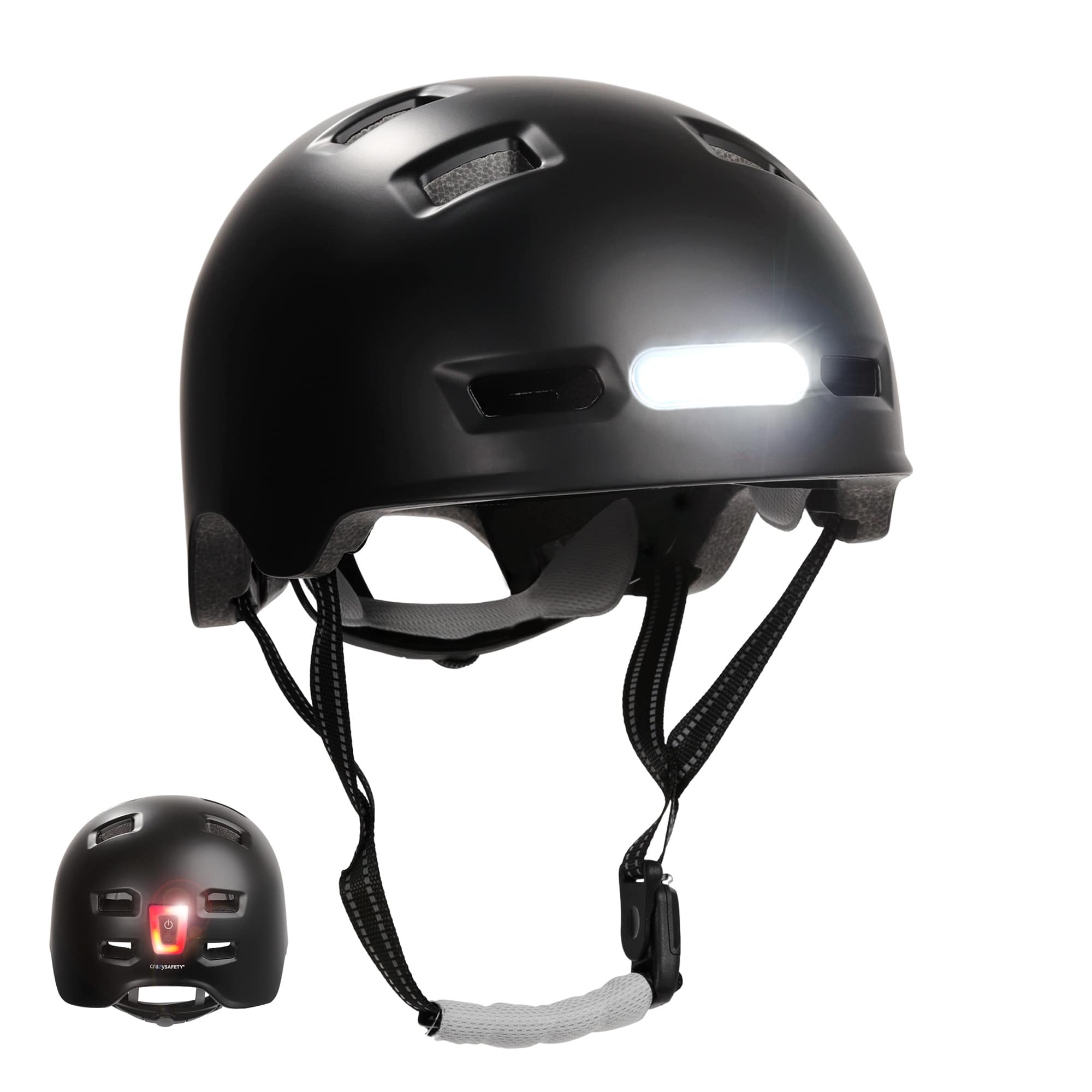 Crazy Safety - Urban bicycle and skater helmet with front and rear lights - Black - M (54-57cm) (CS240201)