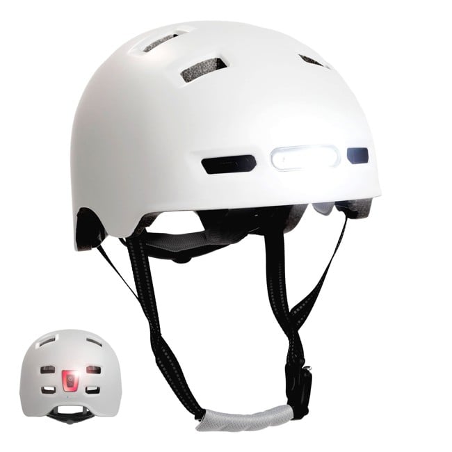 Crazy Safety - Urban bicycle and skater helmet with front and rear lights - Matt White - M (54-57cm)