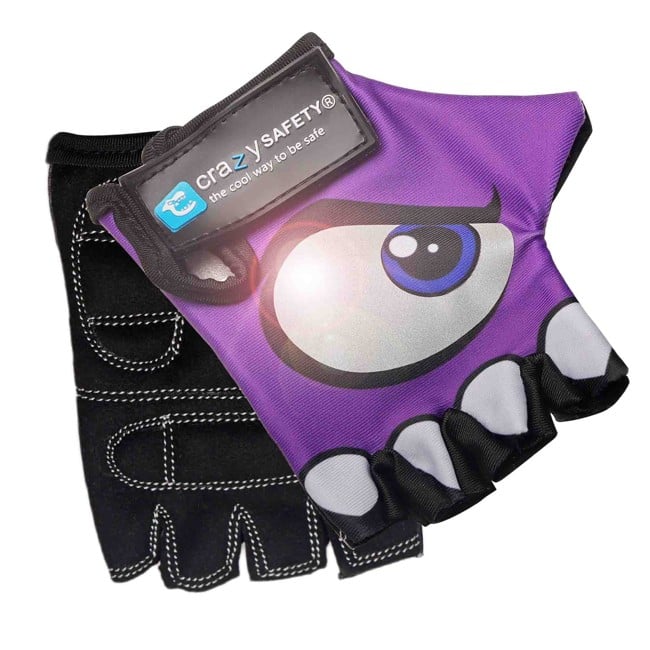 Crazy Safety - Purple kids bike gloves with reflective eyes, padded palms - Purple - Size S