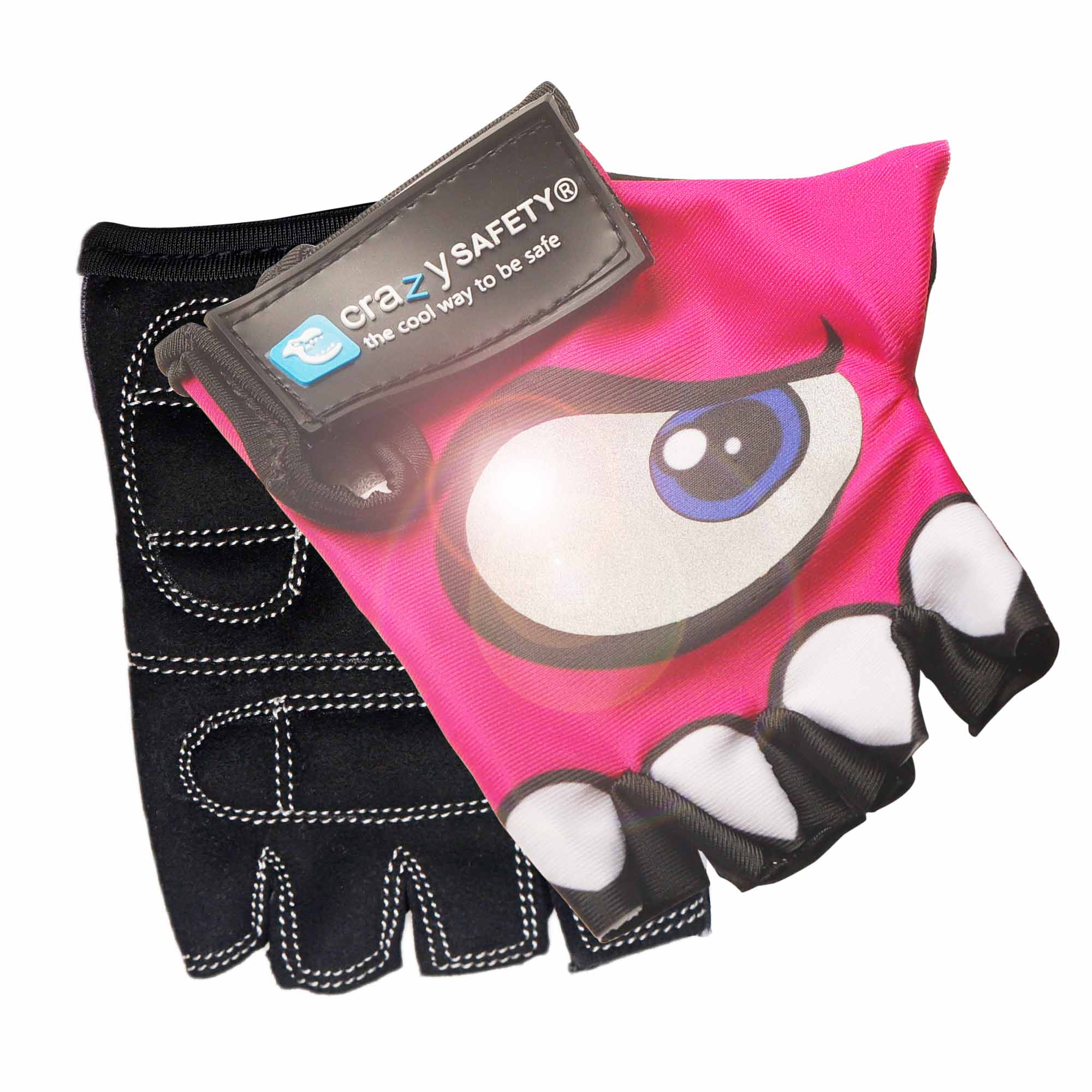 Crazy Safety - Pink kids bike gloves with reflective eyes, padded palms - Pink - Size S (CS240101)