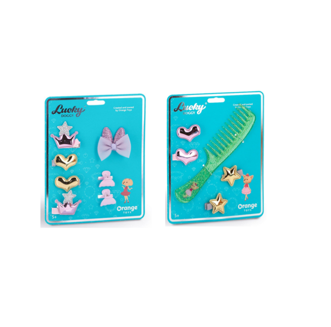 Lucky Doggy - Hair Accessories Green Brush + Hearts and Crown - Bundle