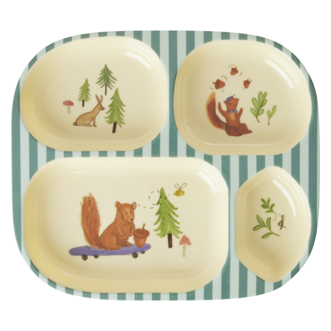 Rice - Melamine Kids 4 Room Plate - Blue Happy Forest Print - Blue