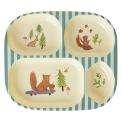 Rice - Melamine Kids 4 Room Plate - Blue Happy Forest Print - Blue