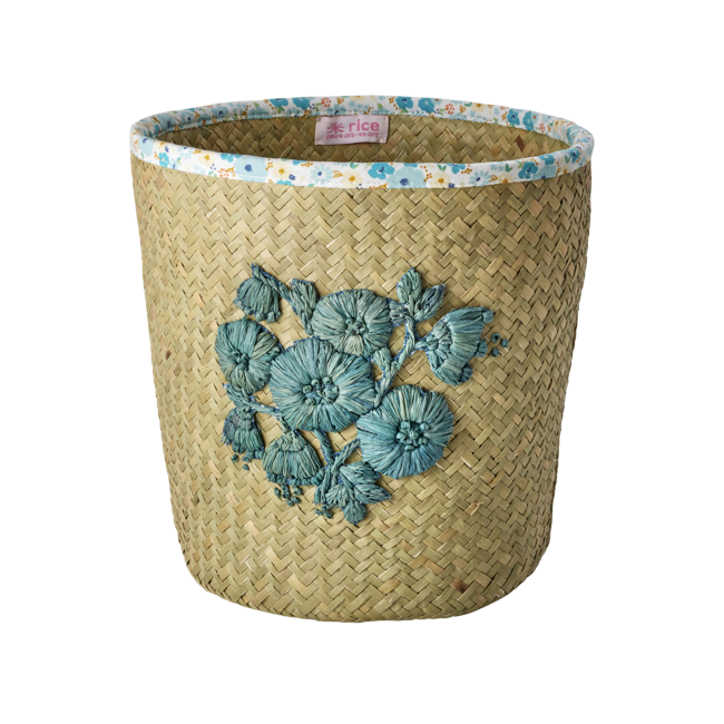 Rice - Raffia Basket with Blue Flower Embroidery and Flower Fabric Edge - Blue