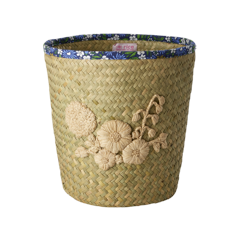 Rice - Raffia Basket with Nature Flower Embroidery - Flower Fabric Edge