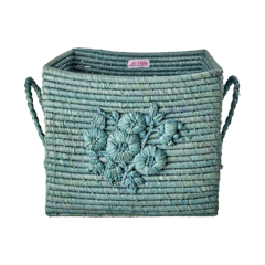 Rice - Raffia Square Basket with Flower Embroidery - Dove Blue