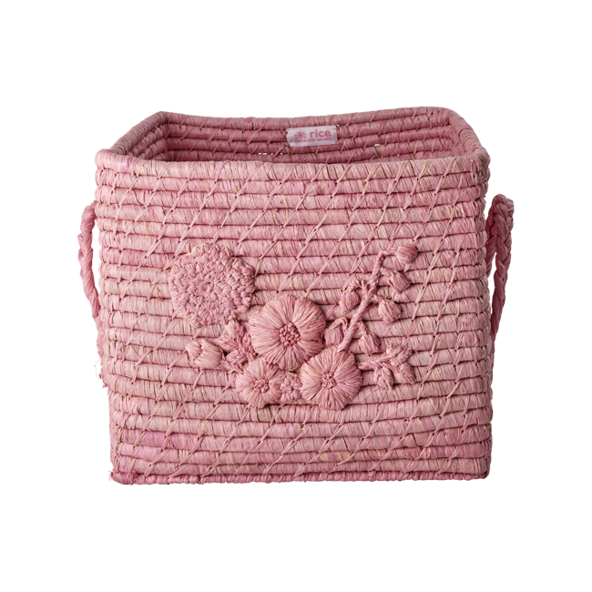 Rice - Raffia Square Basket with Flower Embroidery - Pink