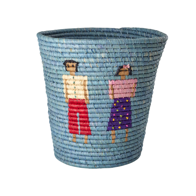 Rice - Raffia Round Basket with People and 3D Details - Blue