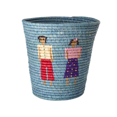 Rice - Raffia Round Basket with People and 3D Details - Blue