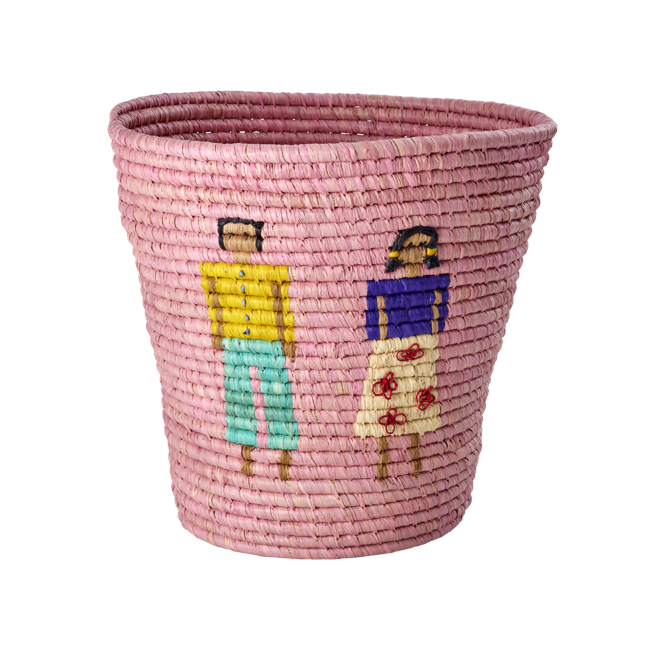 Rice - Raffia Round Basket with People and 3D Details - Pink