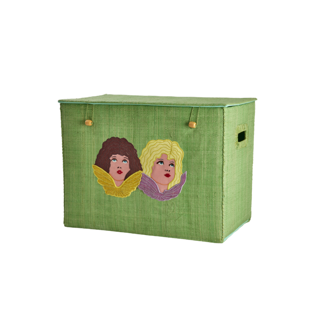 Rice - Raffia Storage Box with Angels - Soft Army Green - Large