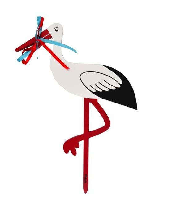 Magni - Wooden birth stork - Red and blue ribbon - Small - 55 cm