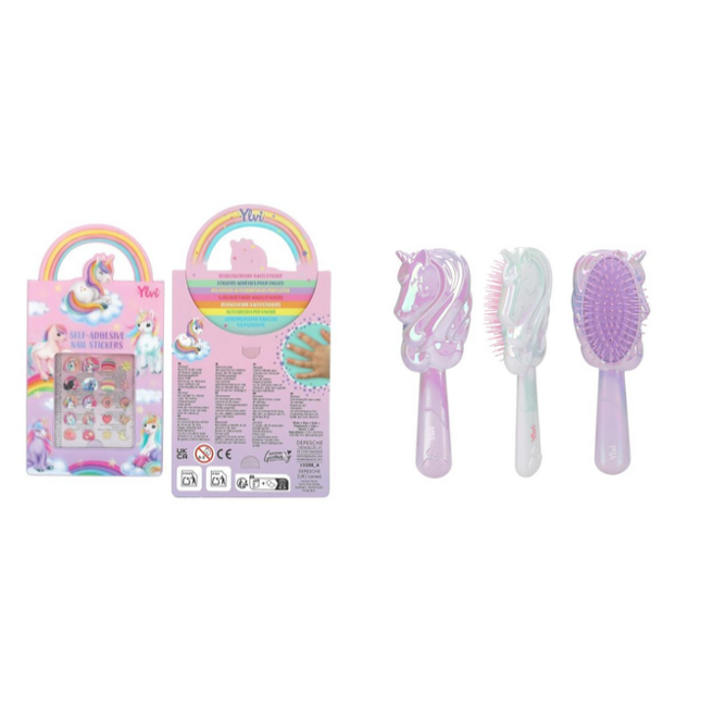 Ylvi - Hairbrush Unicorn +  Nail Sticker (Bundle)