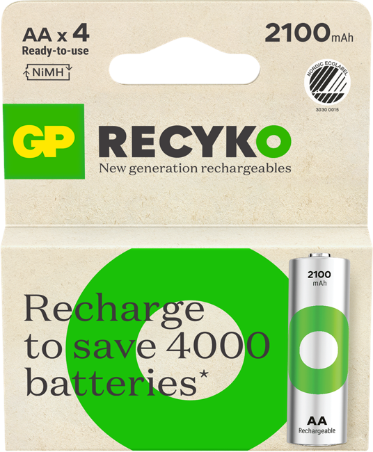 GP - ReCyko genopladeligt batteri, størrelse AA, 2100 mAh, 4-pak