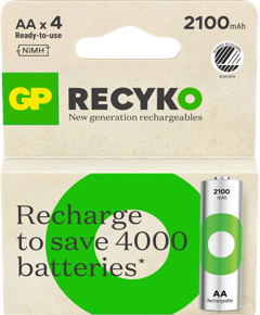 GP - ReCyko Rechargeable Battery, Size AA, 2100 mAh, 4-pack