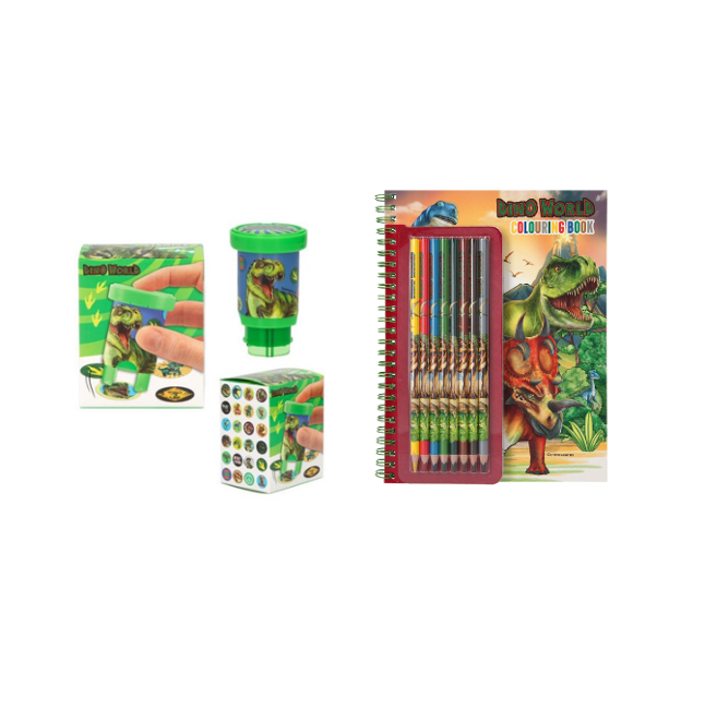 Dino World - Sticker Stamper + Colouring Book With Coloured Pencils (Bundle)