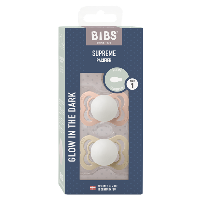 BIBS - Pacifier Supreme 2 PACK Silicone - Blush GLOW/Vanilla GLOW - Size 1