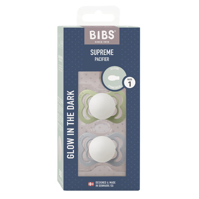 BIBS - Pacifier Supreme 2 PACK - Sage GLOW/Cloud GLOW - Size 1