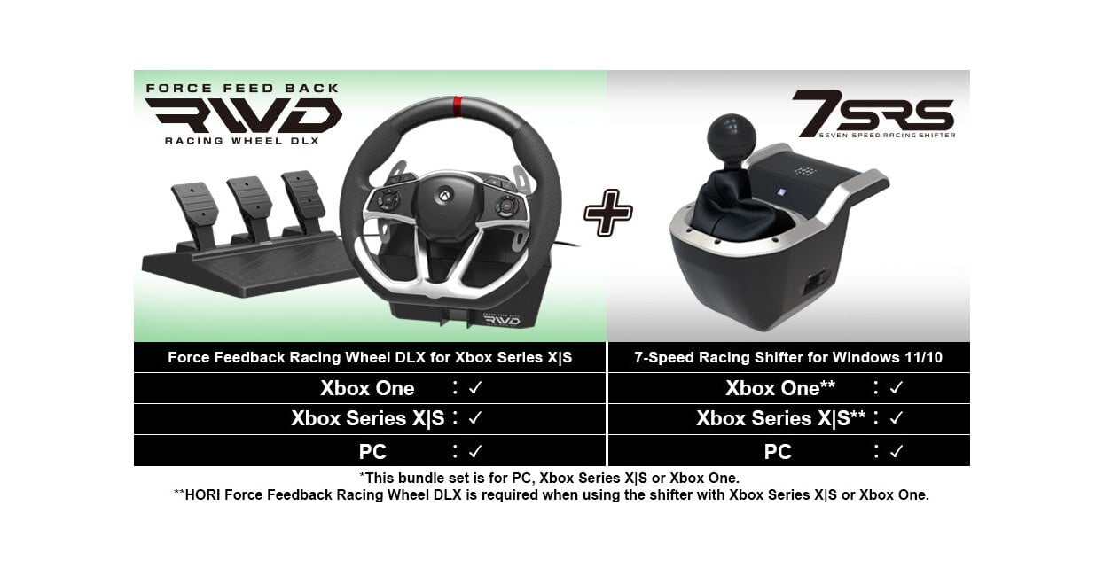 HORI - Force Feedback Racing Wheel DLX   + 7-Speed Racing Shifter Bundle For Xbox Series X - S, Xbox One and PC (Windows 11/10)