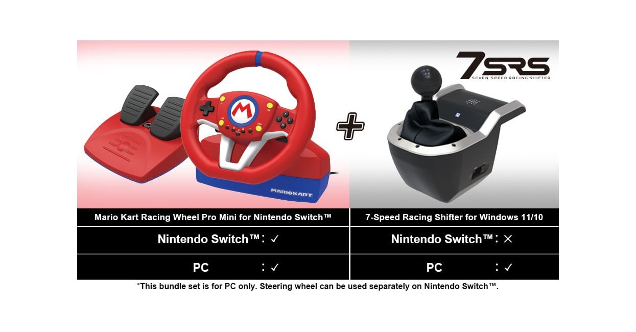 HORI - Mario Kart Racing Wheel Pro Mini + 7-Speed Racing Shifter Bundle For PC (Windows 11/10)