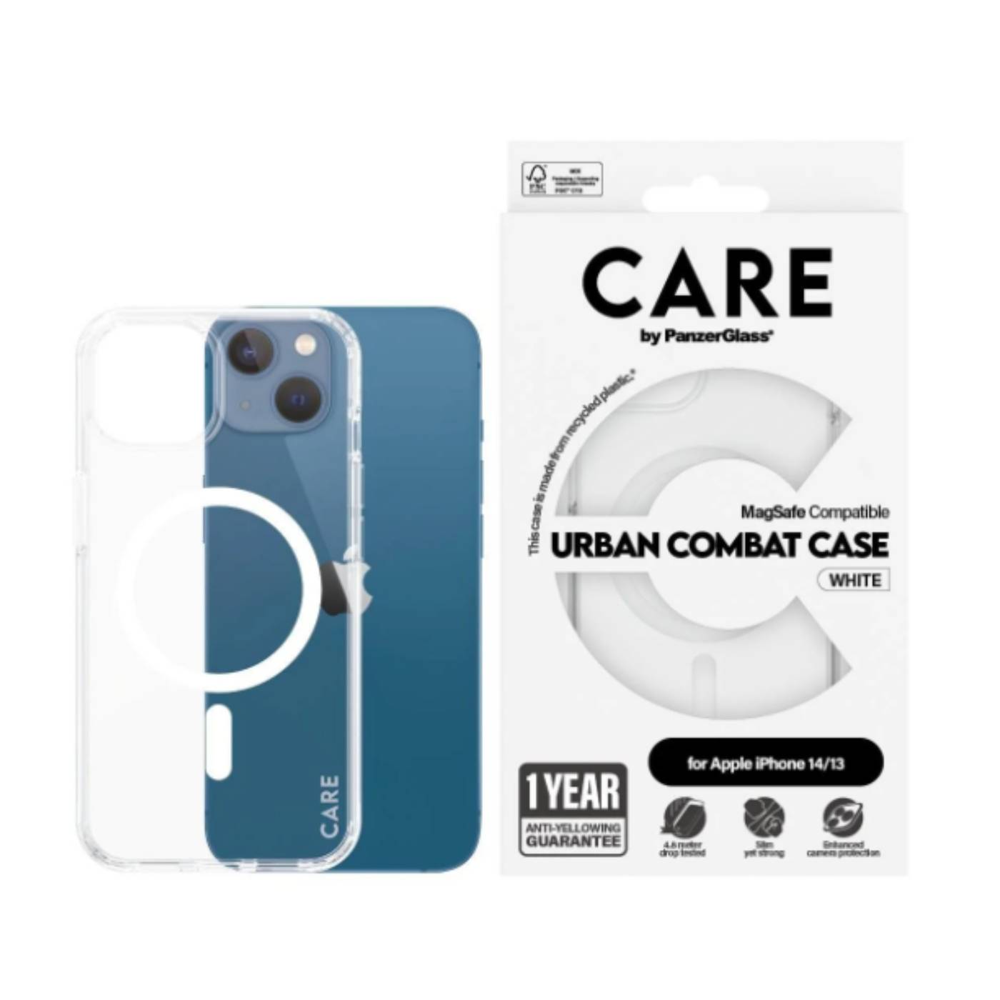 CARE by PanzerGlass Flagship Case Transparent Urban Combat w. White MagSafe iPhone 14 | 13