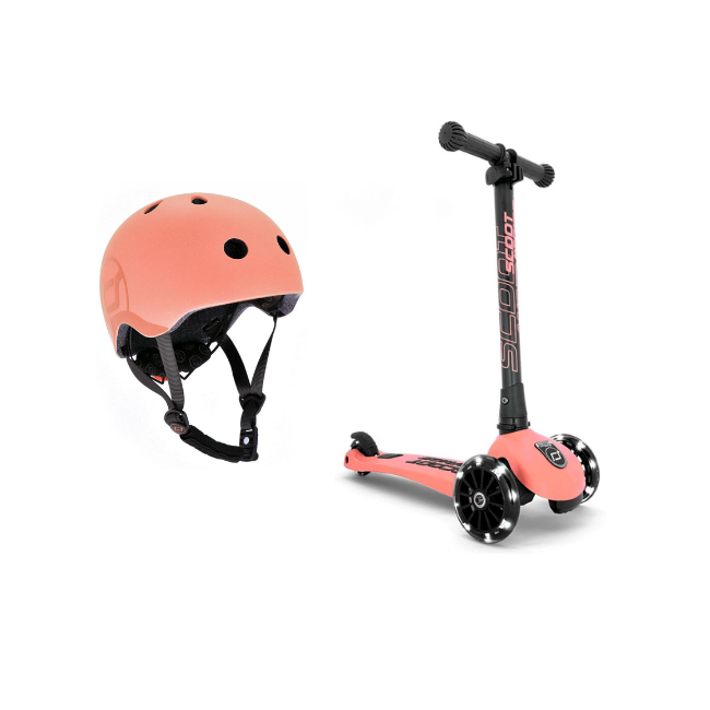 Scoot and Ride - Highwaykick 3 LED + Kids Helmet S-M - Peach (Bundle)