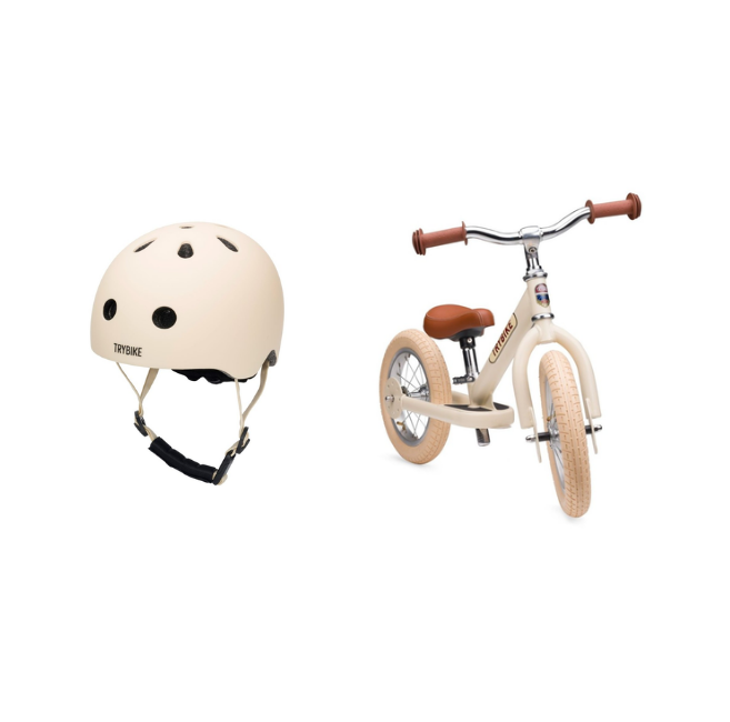 Trybike - 2 Hjulet Balancecykel + Cykelhjelm Størrelse XS - Creme (Bundle)