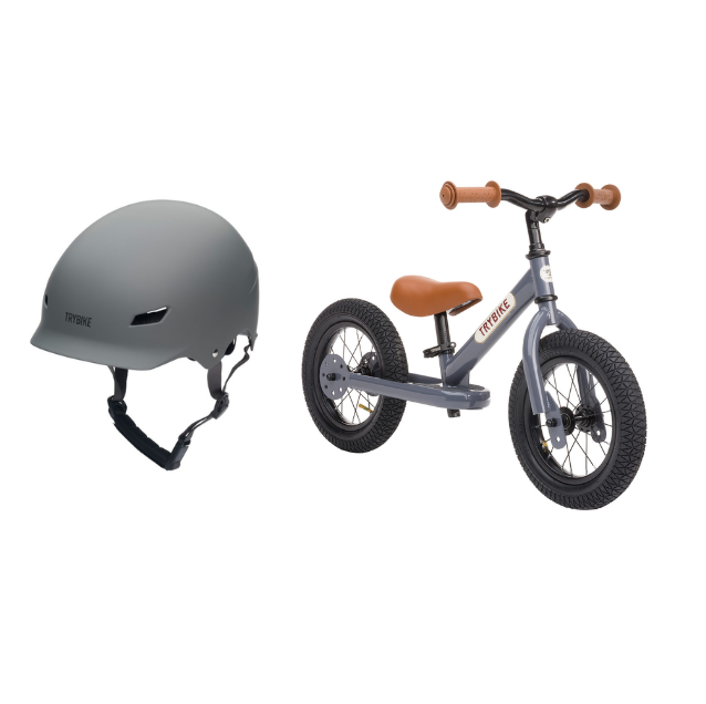 Trybike - 2 Wheel Steel + Helmet Size S/M- Vintage Grey (Bundle)