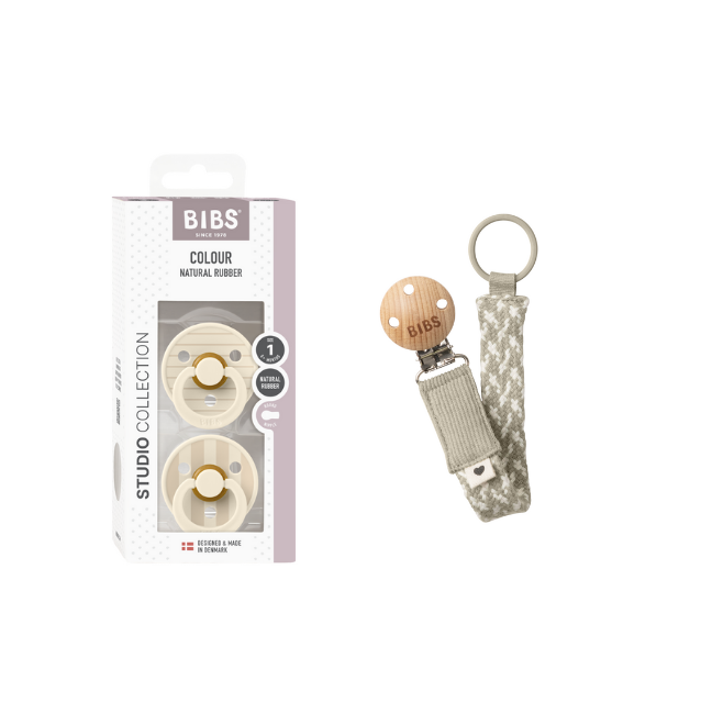 BIBS - Pacifier Studio Colour 2 Pack - Ivory/Vanilla - Size 1 + Pacifier Clip Braided (Bundle)