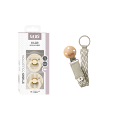 BIBS - Pacifier Studio Colour 2 Pack - Ivory/Vanilla - Size 1 + Pacifier Clip Braided (Bundle)