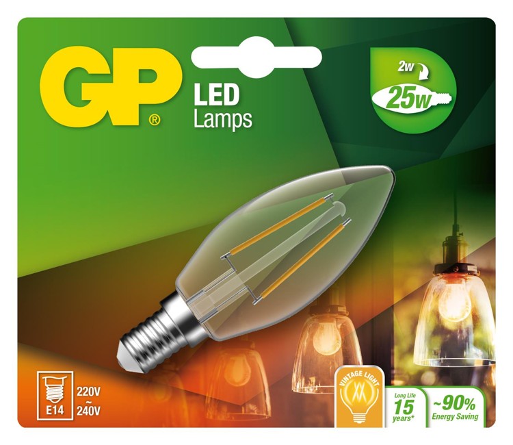 GP - LED Lamp Filament Mini Candle, E14, 2W (25W), 250lm