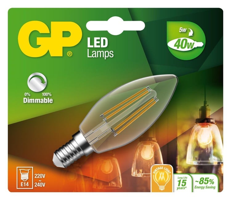 GP - LED Lamp Filament Mini Candle, E14, DIM, 5W (40W), 470lm