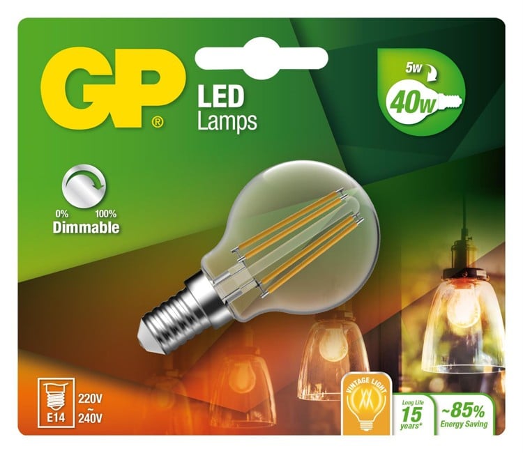 GP LED Lamp Filament Mini Globe, E14, DIM, 5W (40W), 470lm