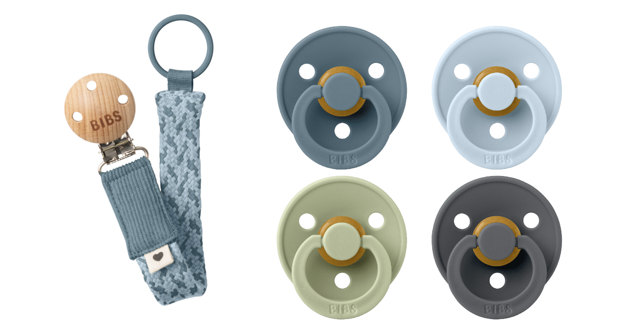 BIBS - Pacifier Colour 4 PACK - Petrol/Sage/Baby Blue/Iron - Size 2 + Pacifier Clip Braided - Petrol/Baby Blue - Onesize (Bundle)