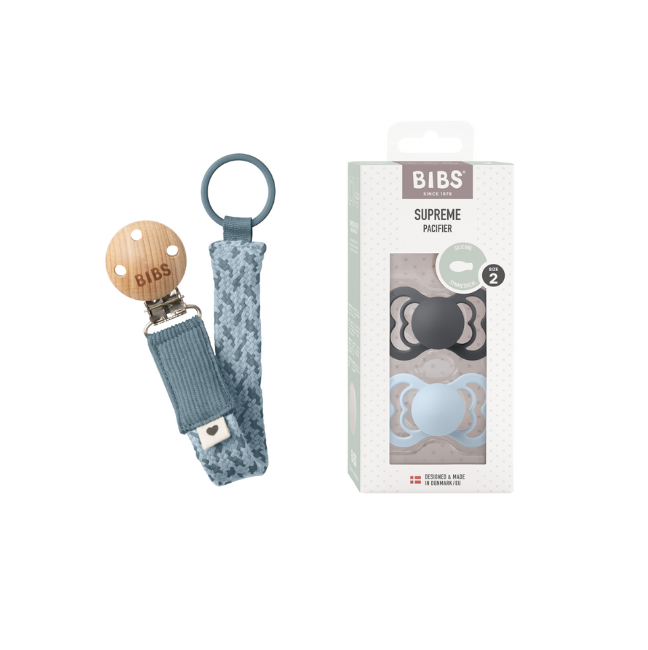 BIBS - Pacifier Supreme 2 PACK - Iron/Baby Blue - Size 2 + Pacifier Clip Braided - Petrol/Baby Blue - Onesize (Bundle)